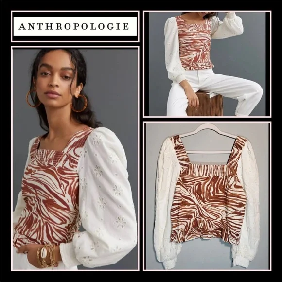 Anthropologie Love the Label Smocked Puff Sleeve Eyelet Blouse W2277 Sz M - Picture 3 of 11